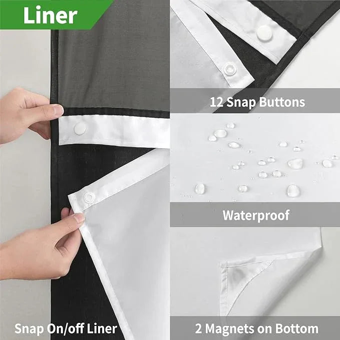 eachope No Hooks Needed Linen Textured Shower Curtain with Snap-in Fabric Liner Set,Black Hotel Luxury Decor Shower Curtains for Bathroom with Mesh Top Window,Waterproof & Washable,71Wx74H - ModernBath