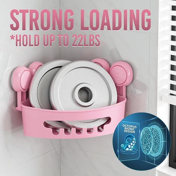 TAILI Suction Corner Shower Caddy, Bathroom Shelf Storage Basket Wall Mounted Organizer for Shampoo, Conditioner, Plastic Rack for Kitchen and Bathroom, Drill-Free Removable (2 Pack)-PINK - ModernBath
