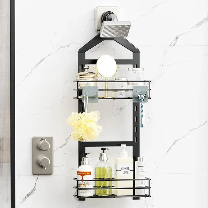 Orimade Adjustable Anti-slip Shower Caddy over Head, Rustproof Bathroom Hanging Shower Organizer with 2 Hooks for Razor, No Drilling Shower Shelves Storage Rack 2 Tier, Black - ModernBath