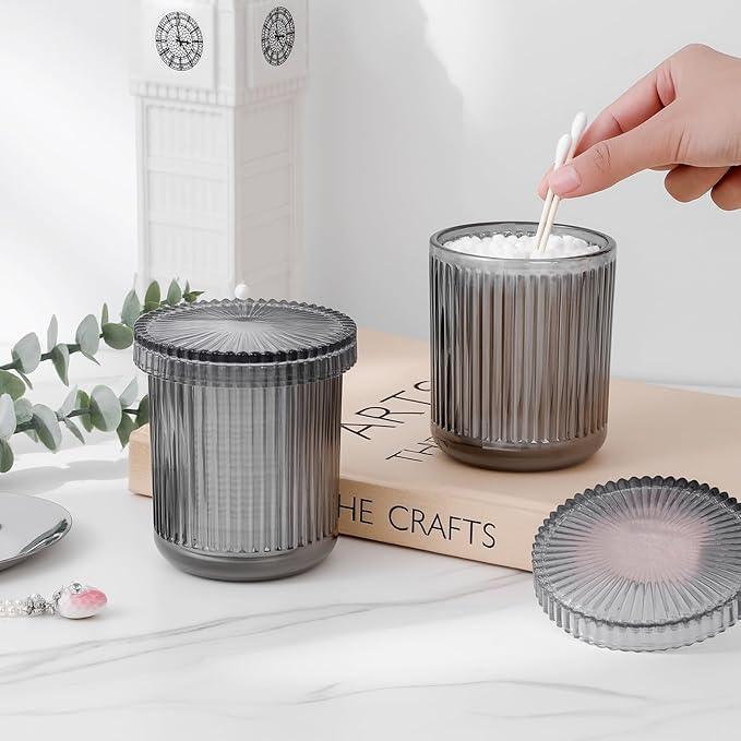 rejomiik Glass Qtip Holder Dispenser 2 Pack, Bathroom Canister Apothecary Jars with Lids, Vanity Makeup Accessories Storage Organizer for Cotton Swabs, Cotton Balls, Pads, Floss Picks, Gray - ModernBath