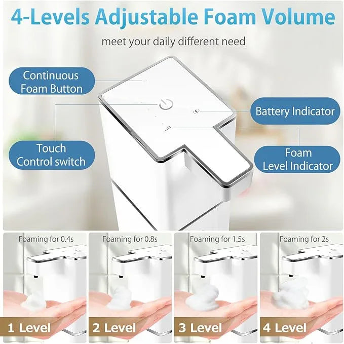 JEMISUN Automatic Foaming Soap Dispenser Touchless 380ml/12.8oz Rechargeable Hand Soap Dispenser Wall Mounted 4 Levels Adjustable Foam Soap Pump for Bathroom Kitchen Dish Soap - ModernBath