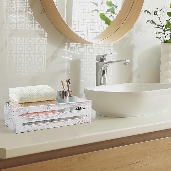 LotFancy Bathroom Decor Box, 2 Pack Wooden Toilet Paper Holder, White Toilet Storage Basket for Back of Toilet, Farmhouse Toilet Tank Topper - ModernBath