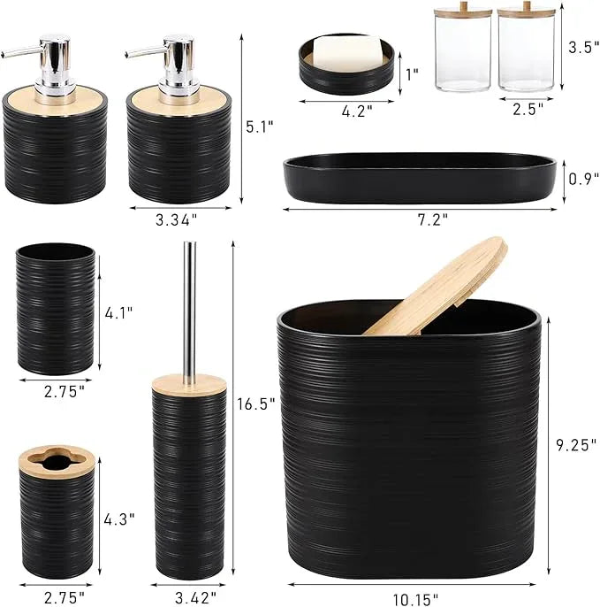 XLHOMO Black Bathroom Set, Black Bathroom Accessories Set with Trash Can, 2PCS Soap Dispensers, Soap Dish, Toothbrush Holder, Toothbrush Cup,Toilet Brush, Tray and Qtip Holders for Bathroom Decor - ModernBath