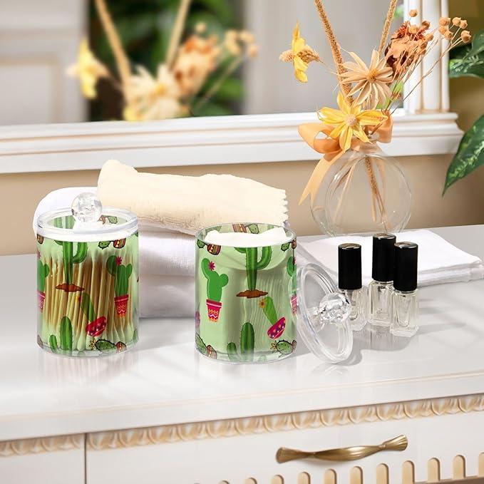 Tatenale Qtip Holder Bathroom Set Q tip Cotton Ball Swab Pad Dispenser Container Organizer Plastic Jars with Lids Storage 2Pack Mexican Cacti Green - ModernBath
