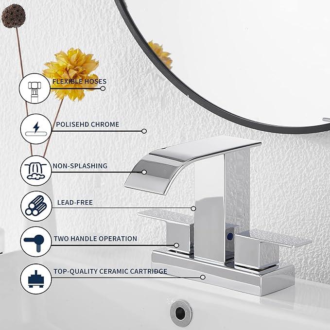 GGStudy Chrome Bathroom Faucet Modern 2 Handles 4 Inches Centerset RV Waterfall Bathroom Vanity Faucet with Drain Assembly - ModernBath