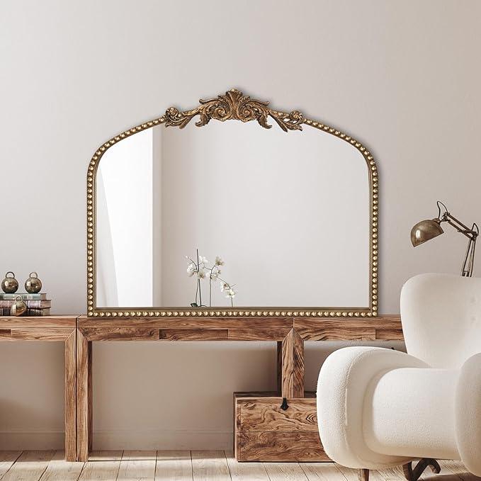 BAODANFU Baroque Arch Mirror for Living Room Wall, 36" X 30" Antique Gold Traditional Cathedral Ornate Beaded Arched Frame Decorative Vanity Mirrors for Mantel Fireplace, Bathroom, Bedroom Decor - ModernBath