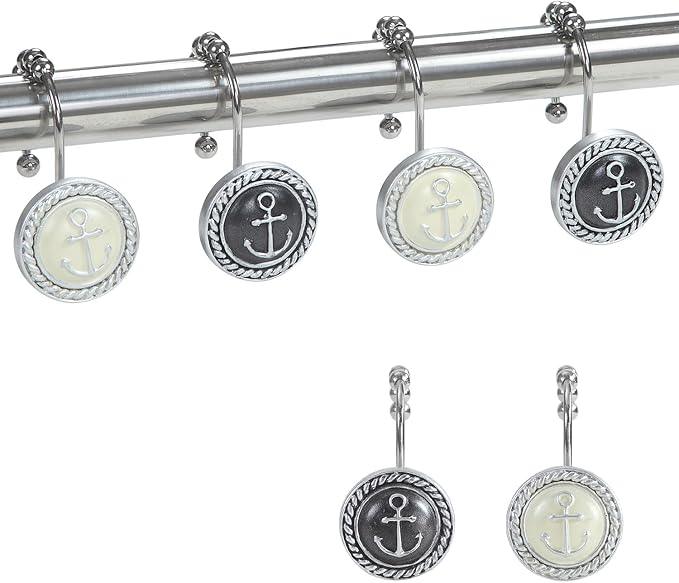 Decorative Nautical Shower Hooks, 12-Pack Black & White Design with 5 Smooth-Glide Rollers, Rust-Proof for Bathroom Bedroom Living Room Decor - ModernBath
