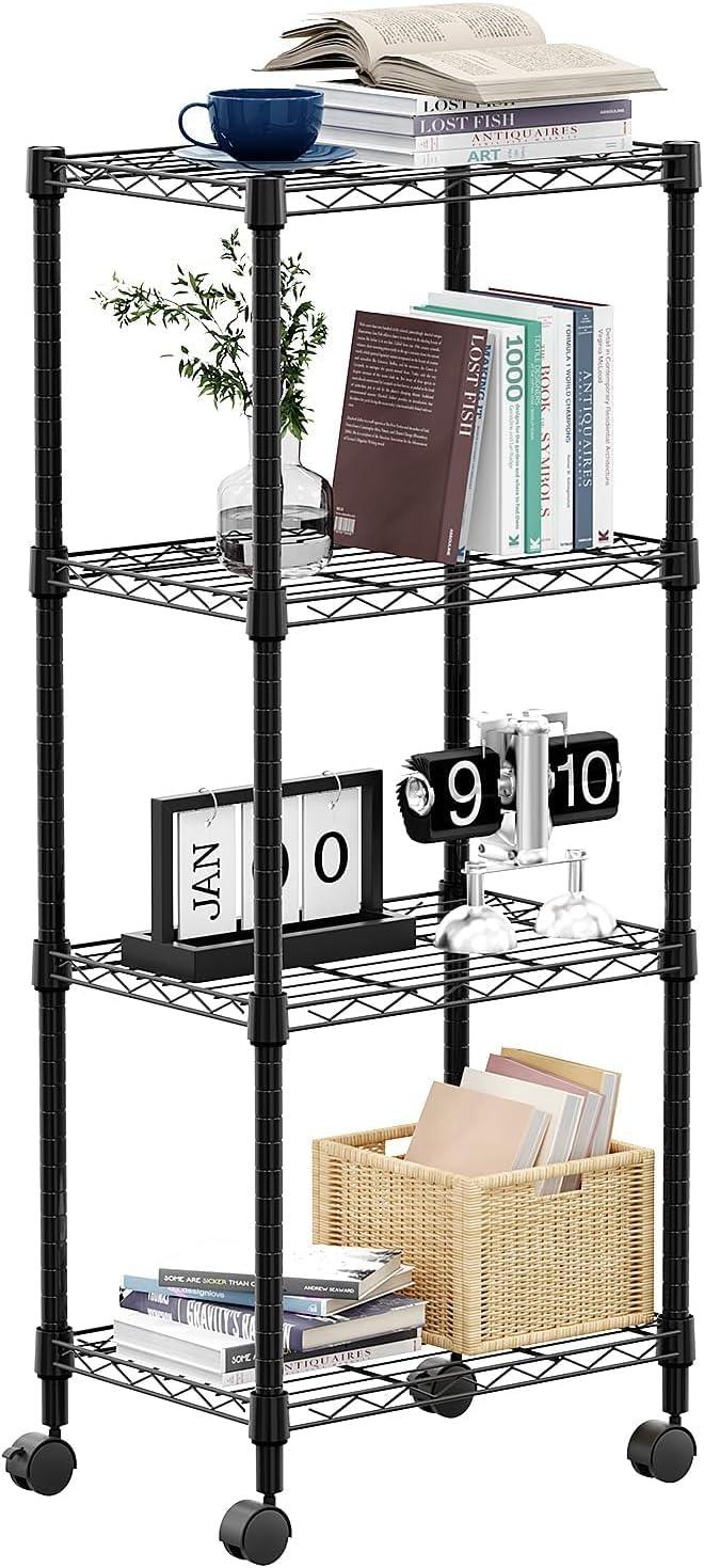 4-Shelf Adjustable Heavy Duty Steel Wire Rack, Adjustable Storage Shelving Unit with Wheel for Kitchen, Garage, Laundry Black 11.8" D x 17.7" W x 40.8" H - ModernBath
