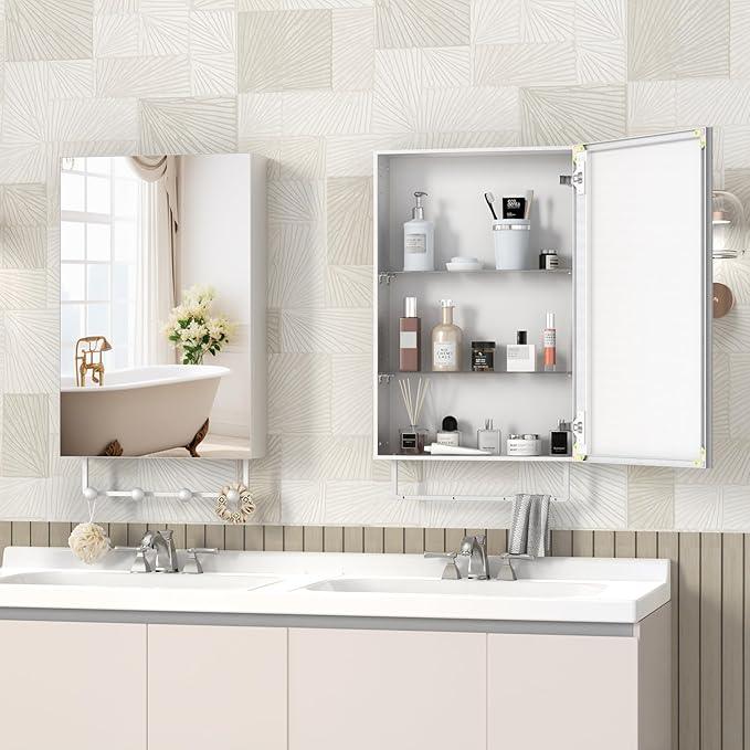 ANYHI 24"x16" Silver Bathroom Cabinet with Mirror, Single Door Bathroom Wall Mirror Cabinet, 2 Adjustable Storage Organizer Shelves, 5 Removable Hooks - ModernBath