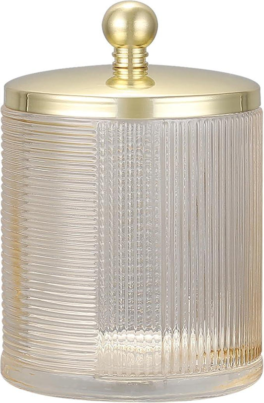 Indecor Home Tan Colored Tranlucent Apothecary Ribbed Geometric Etched Glass Jar W/Gold Metal Lid Cover for Bathroom Organization, Cotton Balls, Q Tips, and Small Accessories, Bathroom Storage - ModernBath