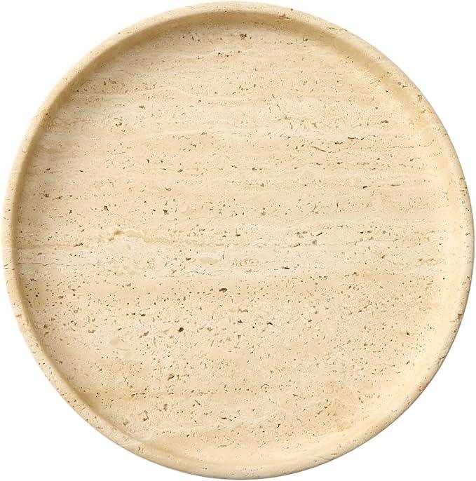 Apasqro Natural Travertine Vanity Tray – Round Beige Marble Tray for Bathroom, Jewelry, Candle, Perfume, Nightstand & Kitchen Decor, 10 Inch Wabi-sabi Style Decorative Stone Catchall Organizer - ModernBath