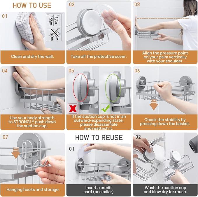 LEVERLOC Corner-adaptive Suction Cup Shower Caddies 2 Pack, Stainless Steel Rustproof Corner Shower Shelf, Large Capacity Removable Suction Cup Bathroom Organizer, Drill-Free Wall Mounted Basket, Gray - ModernBath