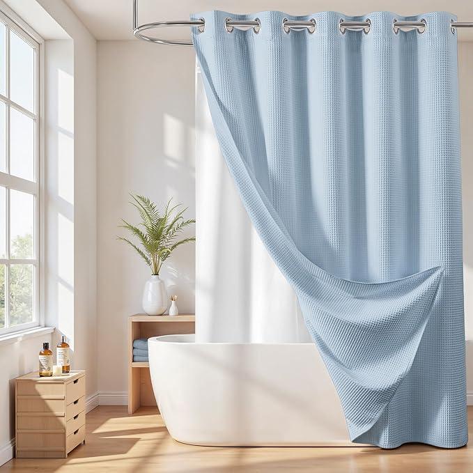 River Dream Cotton Blend Shower Curtain with Snap in Liner, Light Blue No Hook Shower Curtains for Bathroom, Hotel Grade, Water Repellent, 71" W x74 L - ModernBath