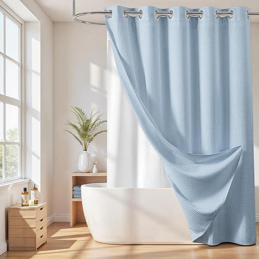 River Dream Cotton Blend Shower Curtain with Snap in Liner, Light Blue No Hook Shower Curtains for Bathroom, Hotel Grade, Water Repellent, 71" W x74 L - ModernBath