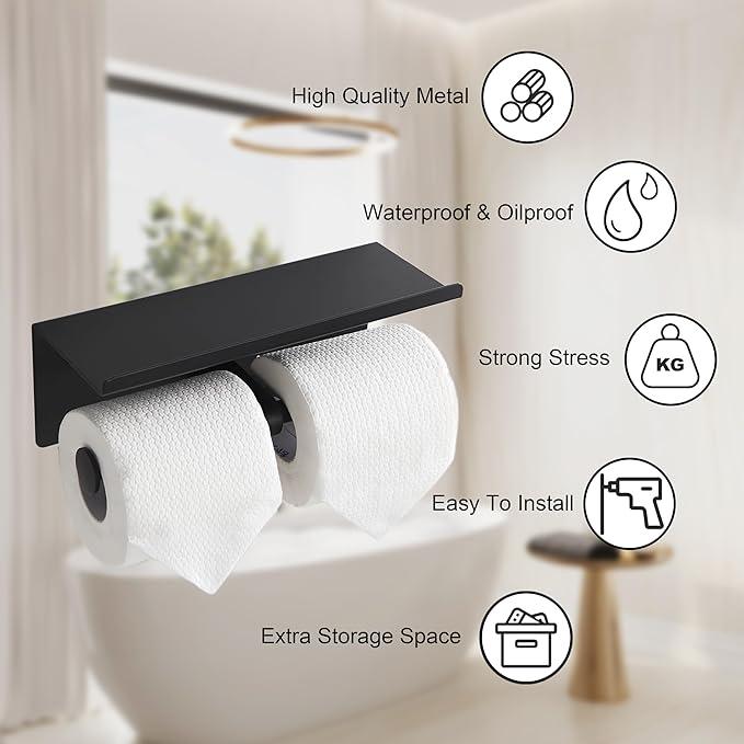 Black Toilet Paper Roll Holder with Shelf Wall Mounted for Bathroom (Black, Double Head) - ModernBath