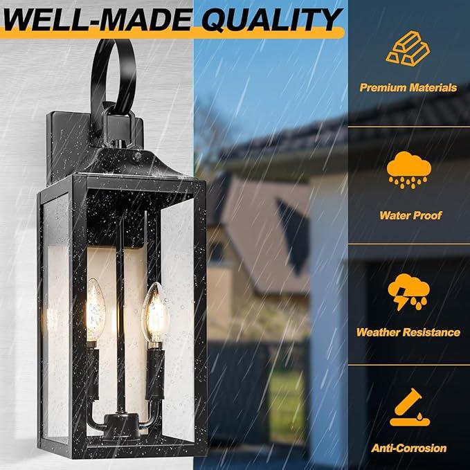 Black Dusk to Dawn Outdoor Wall Lantern 2-Light, 19" Large Outside Modern Porch Sconce Light Fixture, Industrial Porch Light Wall Mount with Glass, Waterproof Farmhouse Exterior Lamp Lighting - ModernBath