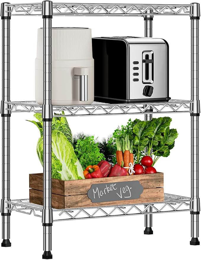 750 lbs 3 Tier Shelf Metal Storage Shelves Wire Rack Closet Organizers with PP Board for Garage Kitchen Bathroom Laundry Chrome 11.8" D x 21.7" W x 28.6" H - ModernBath