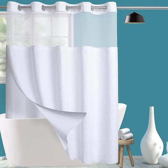 Conbo Mio No Hook Waffle Weave Shower Curtain with Snap in Liner Set, Hotel Luxury White Shower Curtains for Bathroom with See Through Top Window, Waterproof, Washable 71W x 74H - ModernBath