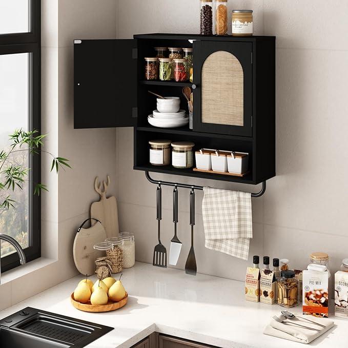 RUSTOWN Rattan Bathroom Wall Cabinet, Boho Medicine Cabinet with 2 Arched Doors, Farmhouse Over The Toilet Storage Cabinets with Adjustable Shelves & Towel Bar - ModernBath