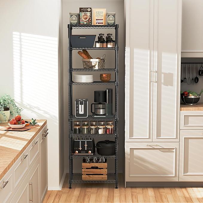 8 Tier 2000 lbs Storage Rack Metal Wire Shelving Unit, Storage Standing Shelf Organizer for Laundry Bathroom Kitchen Pantry Closet Garage Basement Utility Room, Black 13.8" D x 23.6" W x 79.5" H - ModernBath