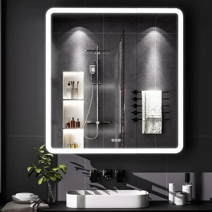 LED Bathroom Medicine Cabinet with Mirror, 30 Inch x 32 Inch Bathroom Mirror Cabinet with Door & Adjustable Shelves, Surface Mount or Recess Installation - ModernBath