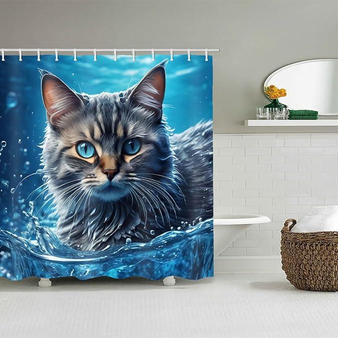 LYFANS Bathroom with Sea Cat 3D Shower Curtains, Luxury Bathtub Standard Shower Curtain, Waterproof and Bright Fabric Shower Curtain Size (72x72 Inches) - ModernBath
