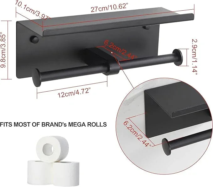 Black Toilet Paper Roll Holder with Shelf Wall Mounted for Bathroom (Black, Double Head) - ModernBath