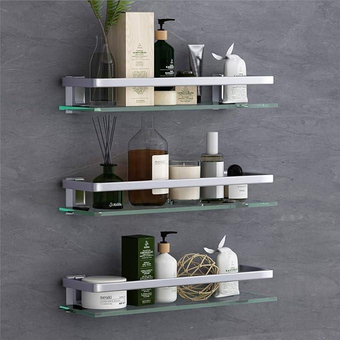 VOLPONE Bathroom Wall Shelf 15.7in Bathroom Glass Shelves Wall Mount Glass Shelf Rustproof Bathroom Wall Organizer 3 Tier (Sliver) - ModernBath