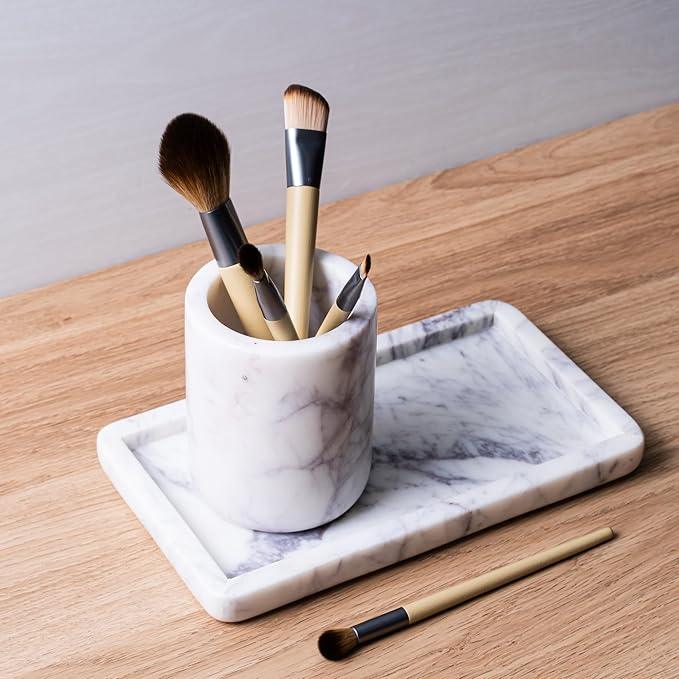 Cork & Mill Marble Toothbrush Holder Cup for Bathroom, Real White Marble Stone Bathroom Accessory, Aesthetic Decorative Countertop Organizer for Tooth Brush & Toothpaste - ModernBath