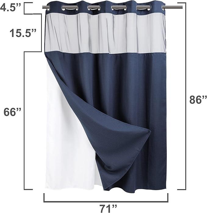 River Dream Heavyweight No Hooks Required Dotted Waffle Weave Shower Curtain with Snap in Liner -Extra Long 71W x 86H,Hotel Grade,Spa Like Bath Curtain,Navy - ModernBath