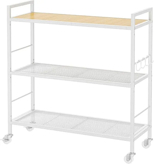 3-Tier Metal Storage Rack with Industrial Wheels,Mesh Shelving Unit with Wooden Table top,Adjustable Shelf,31.5-Inch Width, for Kitchen, Laundry,Pantry,Plant,Oak panel and white frame - ModernBath