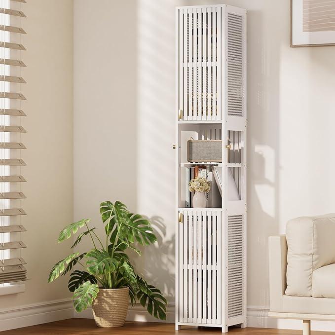 Amazer 70'' Tall Bathroom Storage Cabinet Bamboo, Slim Storage Cabinet with Rattan Door and Adjustable Shelves, Narrow Freestanding Organizer for Living Room Kitchen, White - ModernBath