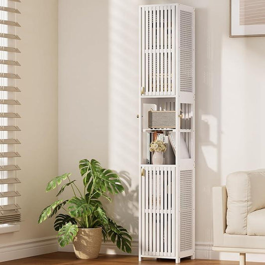 Amazer 70'' Tall Bathroom Storage Cabinet Bamboo, Slim Storage Cabinet with Rattan Door and Adjustable Shelves, Narrow Freestanding Organizer for Living Room Kitchen, White - ModernBath