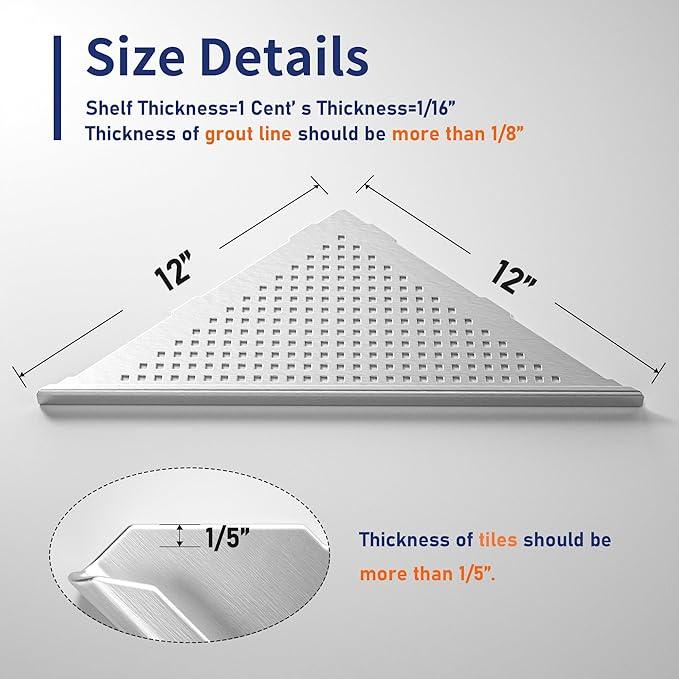 Corner Shower Shelf, 304 Stainless Steel 12" Brushed Recessed Bathroom Shelf, Grout in Shelf for Tiled Wall, Large Size - ModernBath