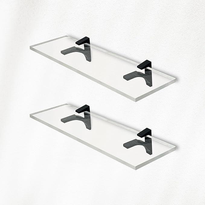 Clear Acrylic Shelves 14.5 inches, 3/4" Thick Transparent Wall Mounted Floating Shelves for Bedroom, Living Room, Bathroom, Kitchen -‎ with Screws and Black Finish Brackets, Pack of 2 - ModernBath
