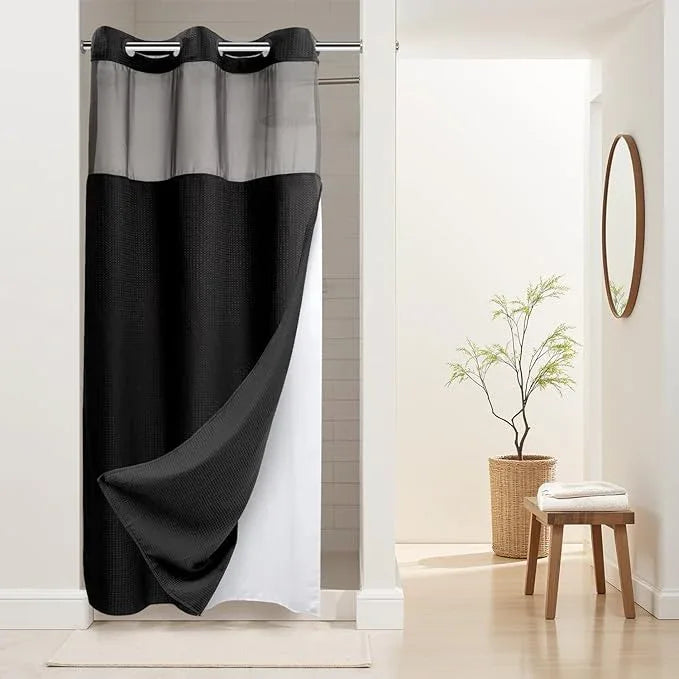 River Dream Stall Heavyweight No Hooks Required Dotted Waffle Weave Shower Curtain with Snap in Liner - 36W x 74H,Hotel Grade,Spa Like Bath Curtain,Graphite Black - ModernBath