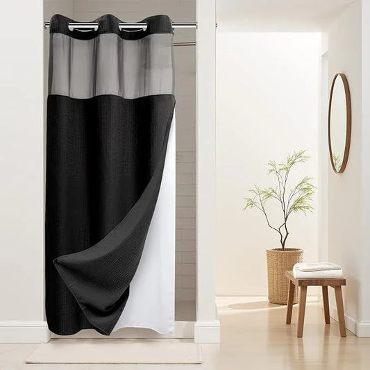 River Dream Stall Heavyweight No Hooks Required Dotted Waffle Weave Shower Curtain with Snap in Liner - 36W x 74H,Hotel Grade,Spa Like Bath Curtain,Graphite Black - ModernBath
