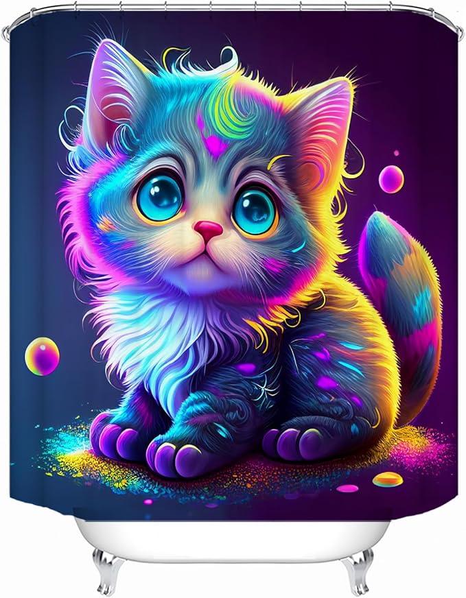 LYFANS Bathroom with Colorful Cat 3D Shower Curtains, Deluxe Bathtub Standard Shower Curtain, Waterproof and Bright Fabric Shower Curtain Size (72x72 Inches) - ModernBath