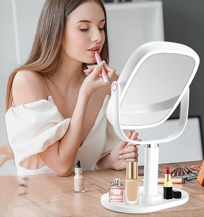 Lighted Makeup Mirror, 2600mAh Rechargeable 1x/10x Magnifying Vanity Mirror, 8.5" Height Adjustable Makeup Mirror with Lights 3 Color, 360° Rotation 2-Sided Light up Large Desk Mirror, Gifts for Women - ModernBath