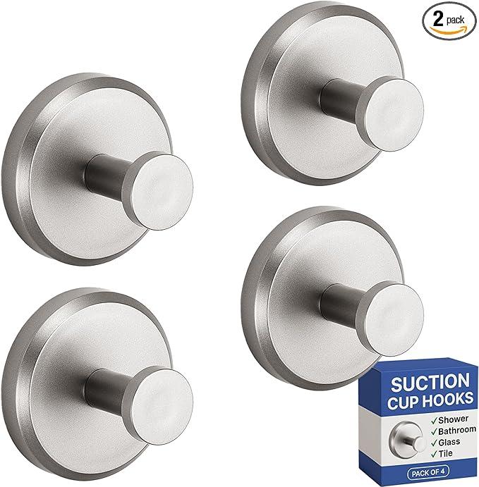 HOME SO Suction Cup Hooks for Shower, Bathroom, Kitchen, Glass Door, Mirror, Tile – Loofah, Towel, Coat, Bath Robe Hook Holder for Hanging up to 15 lbs – Polished Matte Chrome, Brushed Nickel (4-pack) - ModernBath