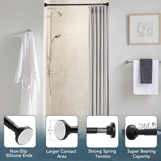 SILKVERSE Adjustable Black Shower Curtain Rods 17-51 Inch, No Drill Anti-Rust Non-Slip Heavy Duty Spring Tension Shower Rod, 1" Diameter Drapery Telescoping Curtain Rods for Bathroom - ModernBath