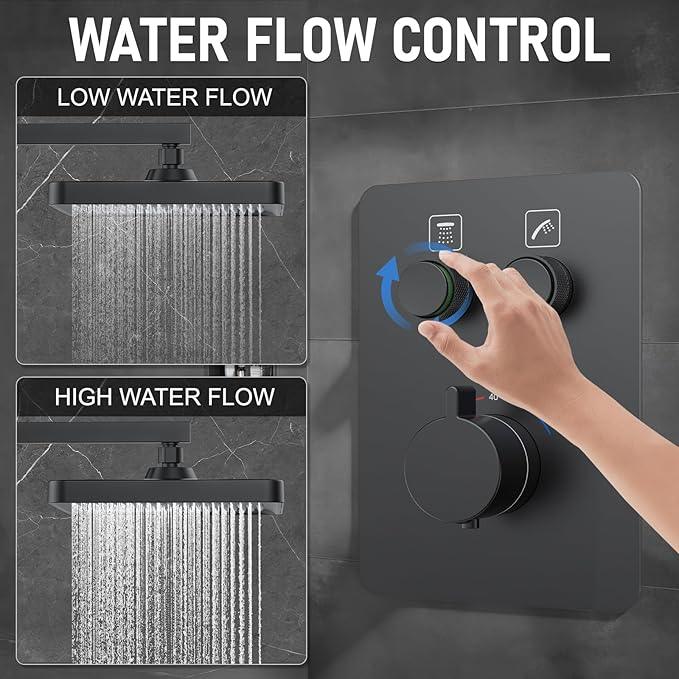 Thermostatic Shower System 13-Inch Rainfall Shower Head - 3 Setting Handheld Sprayer, Complete Bathroom Set with Faucet Mixer Trim Kit & Valve Matte Black - ModernBath