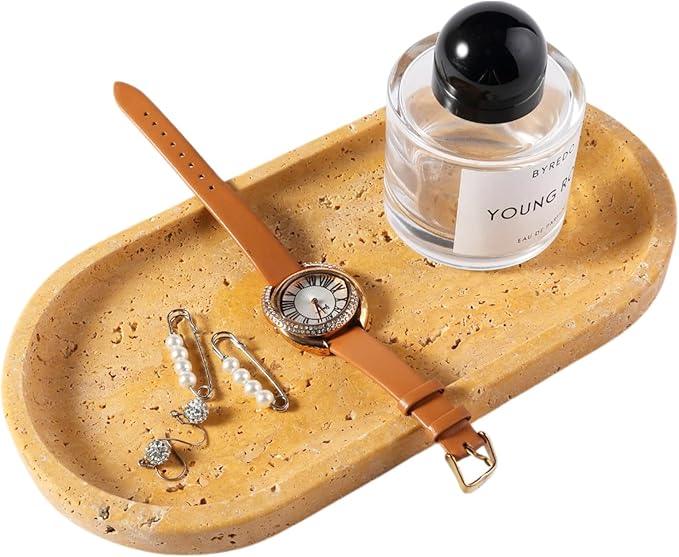 Koville Natural Travertine Tray for Bathroom Vanity, Noble Golden Yellow Bathroom Marble Trays for Countertop Organizer, Decorative Home Décor Catchall Tray for Perfume, Candles, Jewelry Dish Trays - ModernBath