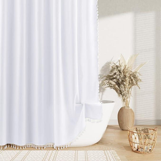 Nanspring Extra Long White Boho Linen Shower Curtain 90 Inch Weighted Solid Fancy Tassel Vintage Rustic Fabric Shower Curtain Set with Hooks Bohemian Aesthetic Bath Curtain for Bathroom 72x90, White - ModernBath