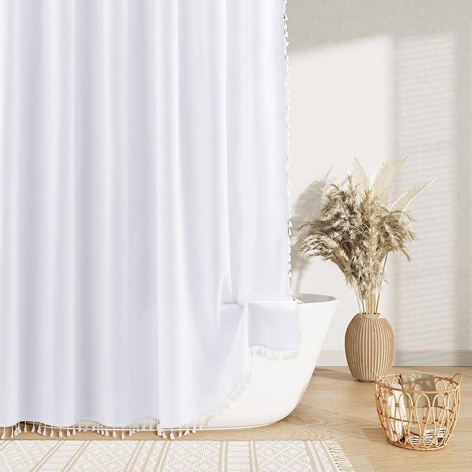 Nanspring Extra Long White Boho Linen Shower Curtain 84 Inch Weighted Tassel Chic Farmhouse Cloth Shower Curtain Set with Hooks French Vintage Country Decorative Shower Curtain for Bathroom 72x84 - ModernBath