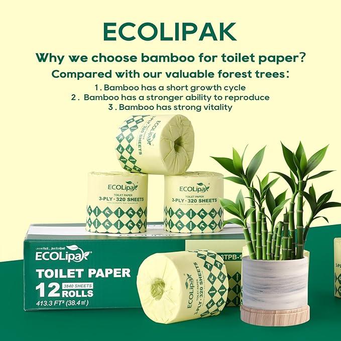 ECOLipak Bamboo Toilet Paper 3 Ply, Septic Safe Toilet Tissue, 12 Double Rolls, 320 Sheets Per Roll, Tree Free, Non Toxic, Soft and Absorbent, Eco Friendly Dye-Free Paper, White - ModernBath