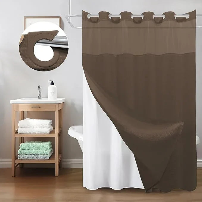 Inhousolu No Hook Shower Curtain with Snap in Fabric Liner Set Waffle Weave 230GSM Weighted Hem, Waterproof & Washable Bathroom Curtain Spa Luxury with Mesh Top Window 72" W x 72" L Brown - ModernBath