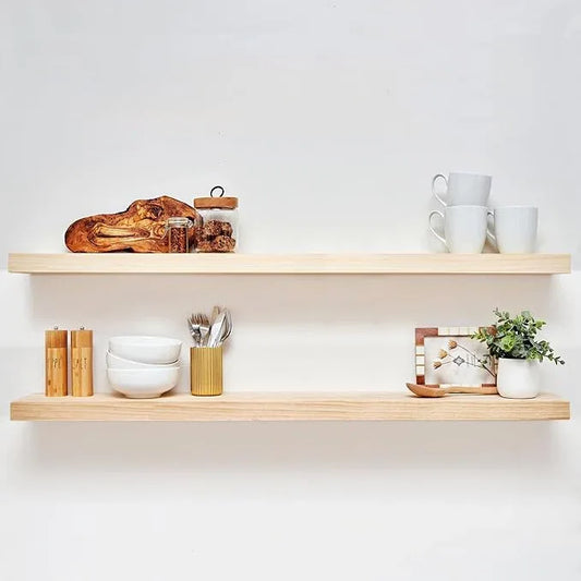 Homeforia 48 inch Natural Floating Shelf, High End Solid Real Wood 48inch Small Floating Shelves for Wall Mounted, Natural Wooden Floating Shelves, Heavy Duty Bracket, 48 X 6.5 X 1.75 in, Set of 3 - ModernBath