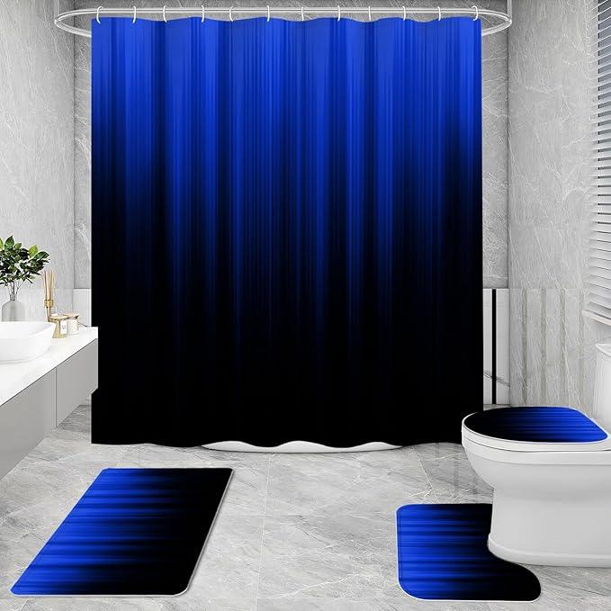 Litabel 4 Pcs Royal Blue and Black Gradient Shower Curtain Set with Rugs and Toilet Lid Cover, Modern Simple Waterproof Fabric Bathroom Set, Ombre Stripe Gothic Abstract Bathroom Decor Set Accessories - ModernBath