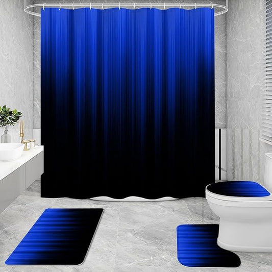 Litabel 4 Pcs Royal Blue and Black Gradient Shower Curtain Set with Rugs and Toilet Lid Cover, Modern Simple Waterproof Fabric Bathroom Set, Ombre Stripe Gothic Abstract Bathroom Decor Set Accessories - ModernBath